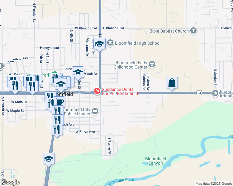 map of restaurants, bars, coffee shops, grocery stores, and more near 301 East Broadway Avenue in Bloomfield