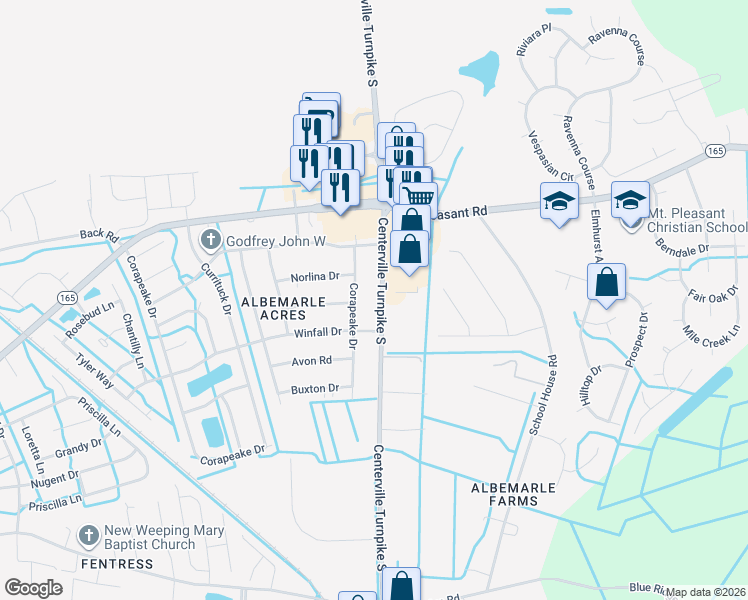 map of restaurants, bars, coffee shops, grocery stores, and more near 441 Corapeake Drive in Chesapeake