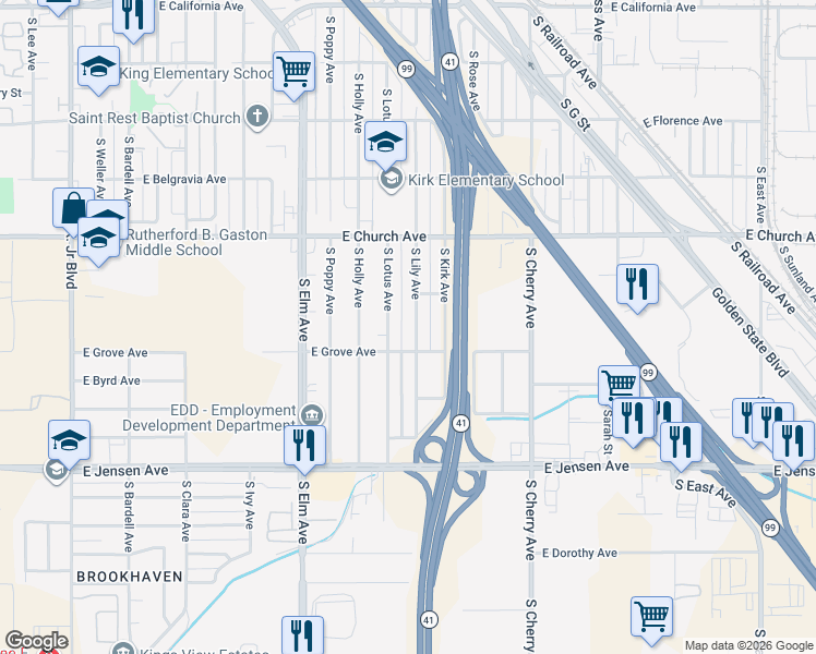 map of restaurants, bars, coffee shops, grocery stores, and more near 2485 South Lotus Avenue in Fresno