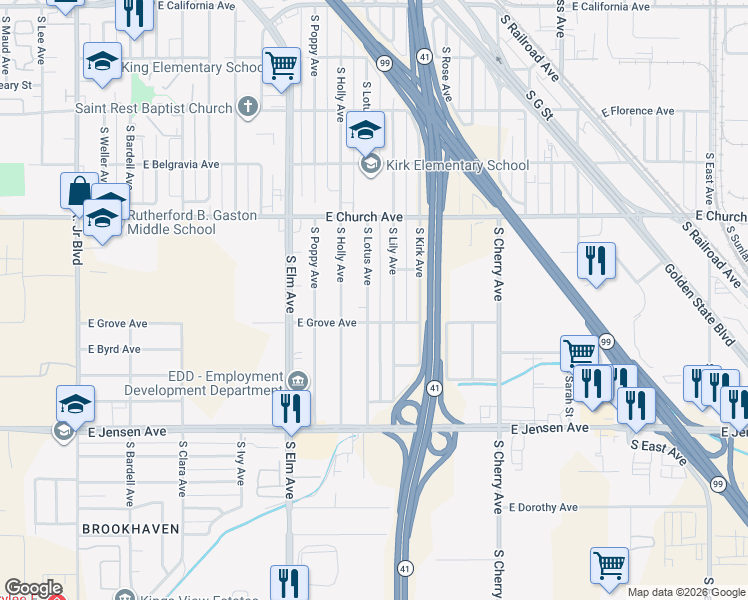 map of restaurants, bars, coffee shops, grocery stores, and more near 2485 South Lotus Avenue in Fresno