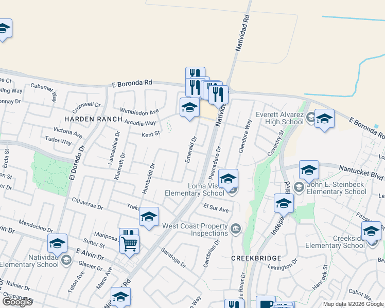 map of restaurants, bars, coffee shops, grocery stores, and more near 1796 Emerald Drive in Salinas
