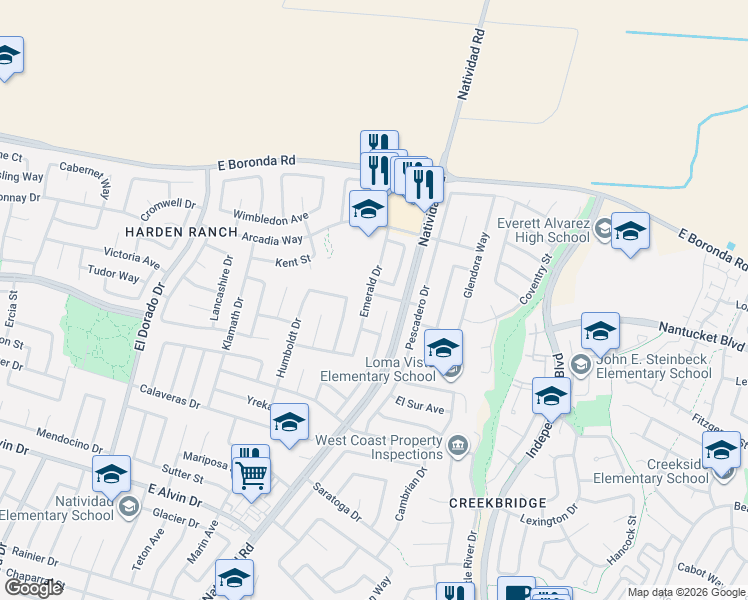 map of restaurants, bars, coffee shops, grocery stores, and more near 1791 Tahoe Drive in Salinas