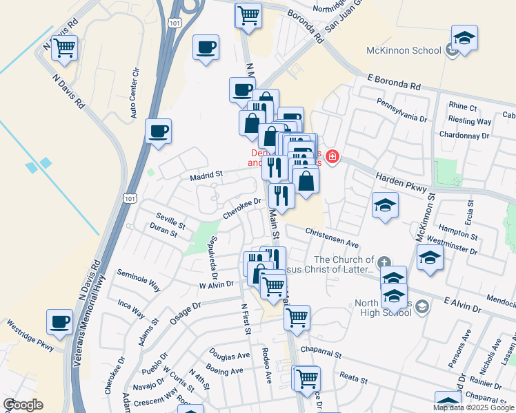 map of restaurants, bars, coffee shops, grocery stores, and more near 1880 Cherokee Drive in Salinas