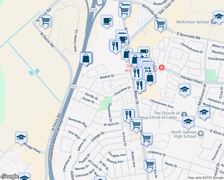 map of restaurants, bars, coffee shops, grocery stores, and more near 1877 Cherokee Drive in Salinas
