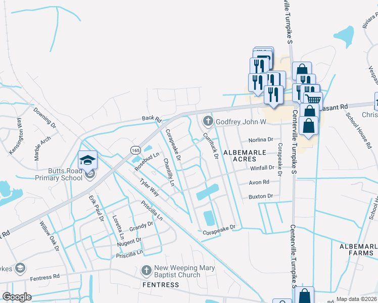 map of restaurants, bars, coffee shops, grocery stores, and more near 1308 Roanoke Arch in Chesapeake