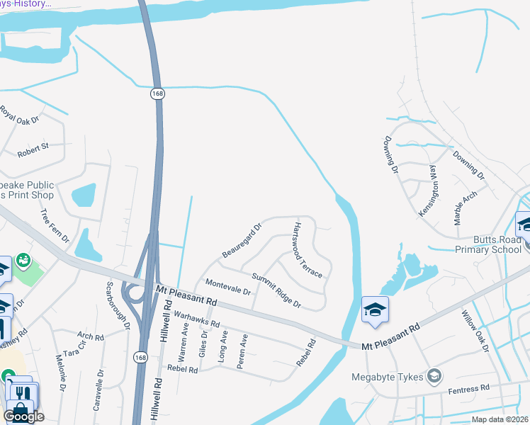 map of restaurants, bars, coffee shops, grocery stores, and more near 468 Beauregard Drive in Chesapeake