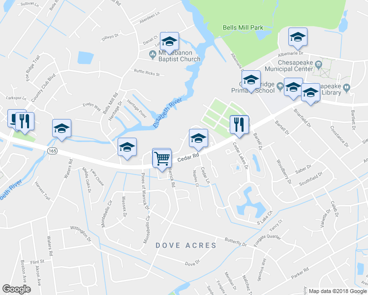 map of restaurants, bars, coffee shops, grocery stores, and more near 640 Virginia 165 in Chesapeake