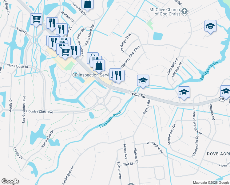 map of restaurants, bars, coffee shops, grocery stores, and more near 313 Barcelona Drive in Chesapeake