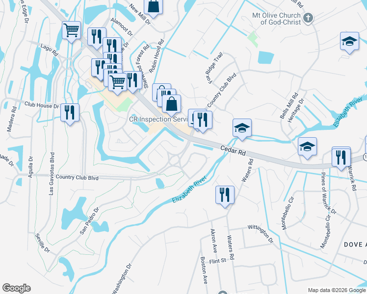 map of restaurants, bars, coffee shops, grocery stores, and more near 305 San Roman Drive in Chesapeake