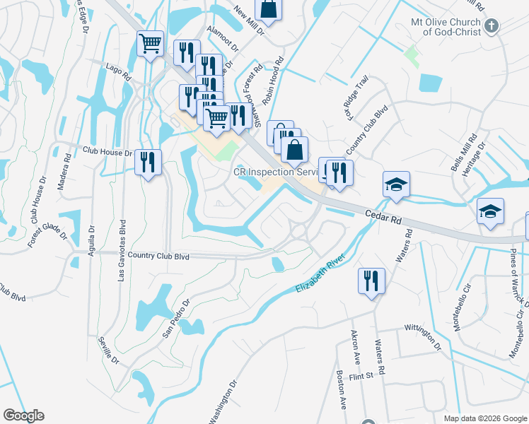 map of restaurants, bars, coffee shops, grocery stores, and more near 434 San Roman Drive in Chesapeake