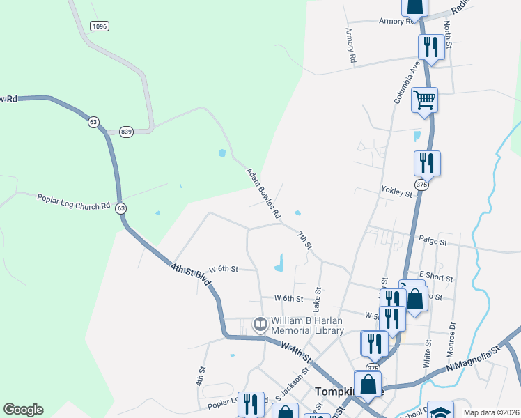 map of restaurants, bars, coffee shops, grocery stores, and more near Adam Bowles Road in Tompkinsville