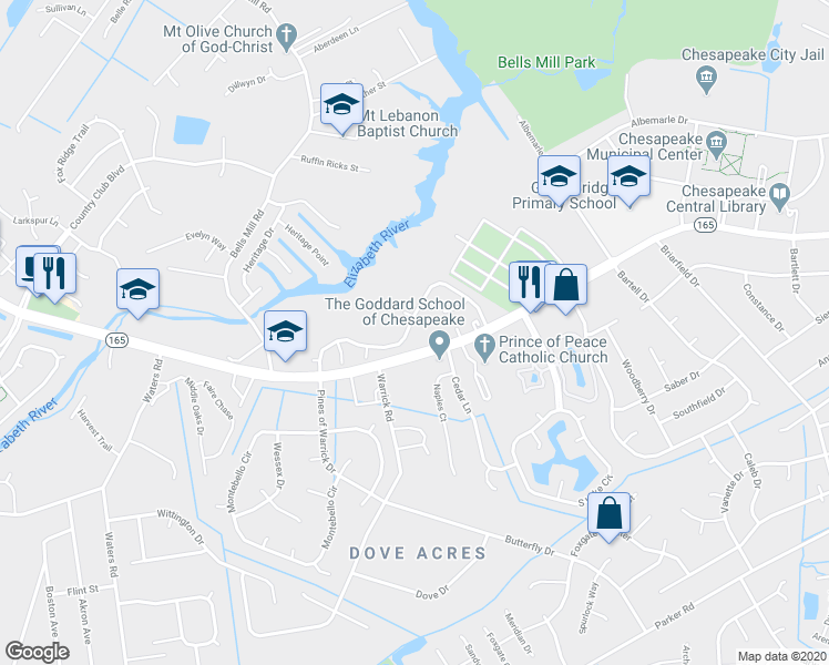 map of restaurants, bars, coffee shops, grocery stores, and more near 641 Mill Landing Road in Chesapeake