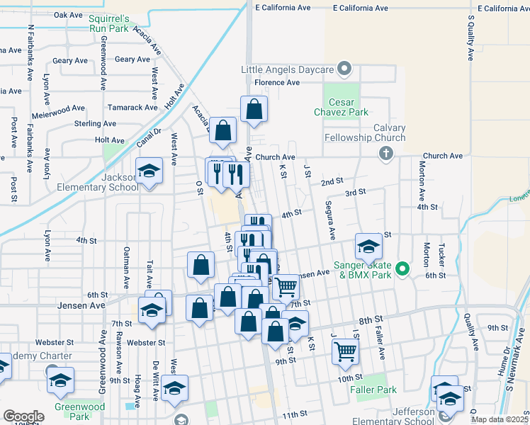 map of restaurants, bars, coffee shops, grocery stores, and more near 325 L Street in Sanger
