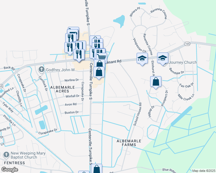 map of restaurants, bars, coffee shops, grocery stores, and more near 406 Inkwell Court in Chesapeake