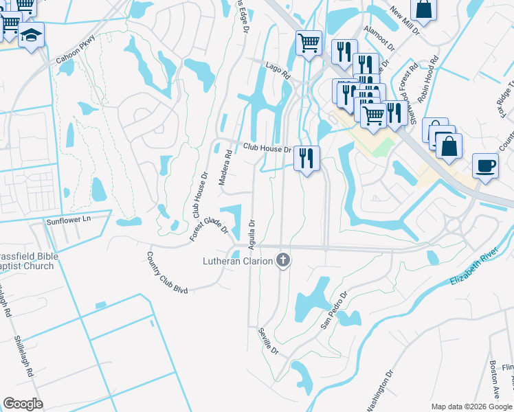 map of restaurants, bars, coffee shops, grocery stores, and more near 627 Aguila Drive in Chesapeake