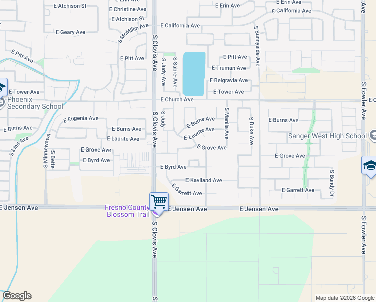 map of restaurants, bars, coffee shops, grocery stores, and more near 5665 East Atwood Avenue in Fresno
