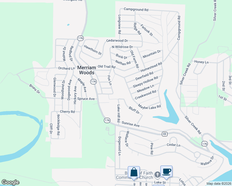 map of restaurants, bars, coffee shops, grocery stores, and more near Treetop Lane in Merriam Woods