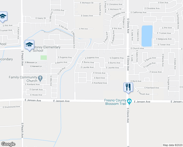 map of restaurants, bars, coffee shops, grocery stores, and more near 2466 Evelyn Avenue in Fresno