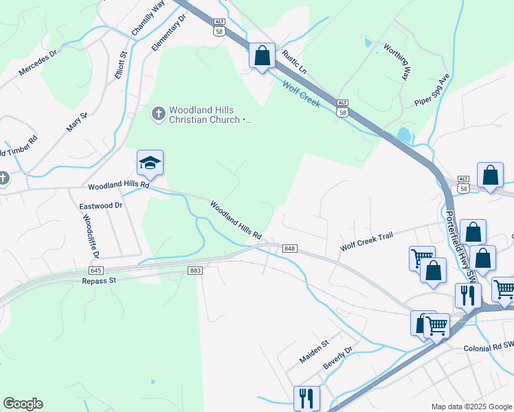map of restaurants, bars, coffee shops, grocery stores, and more near 20157 Woodland Hills Road in Abingdon