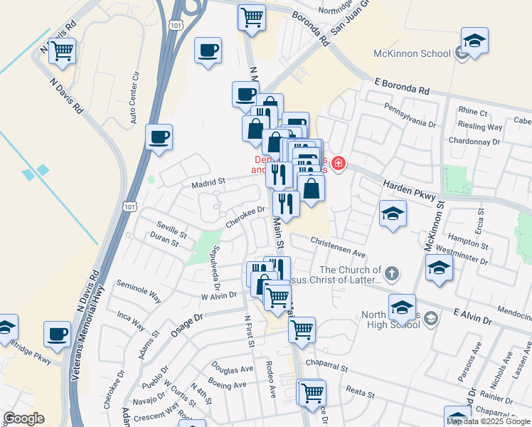 map of restaurants, bars, coffee shops, grocery stores, and more near 1880 Cherokee Drive in Salinas