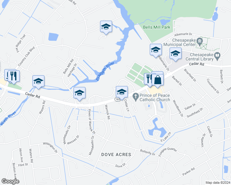 map of restaurants, bars, coffee shops, grocery stores, and more near 639 Mill Landing Road in Chesapeake
