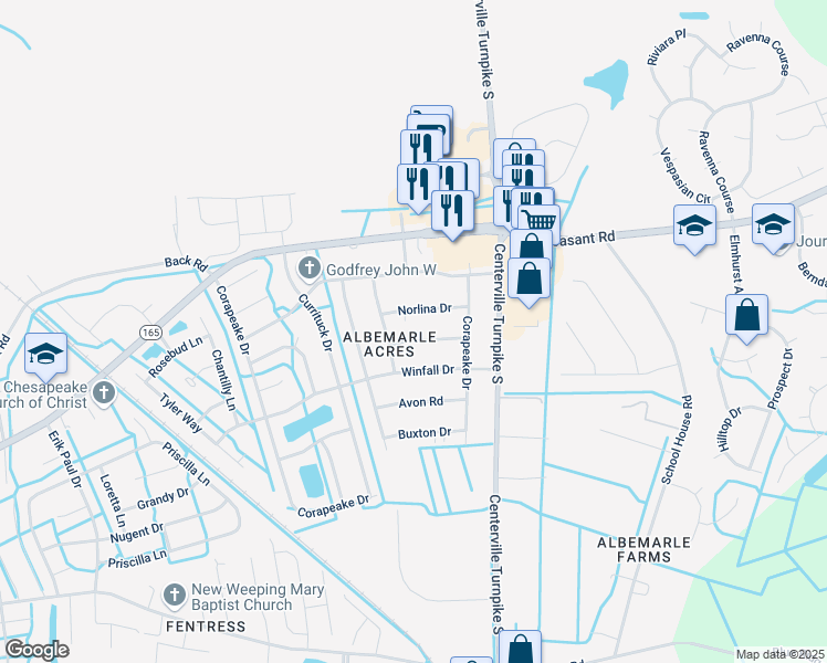 map of restaurants, bars, coffee shops, grocery stores, and more near 1417 Windsor Road in Chesapeake