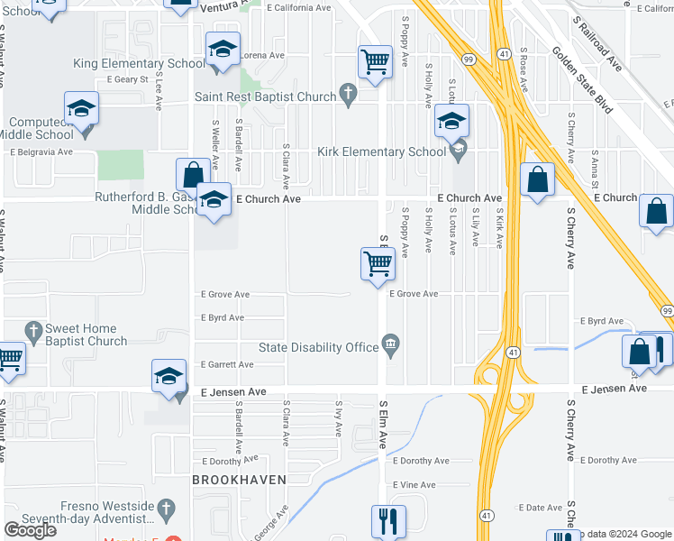 map of restaurants, bars, coffee shops, grocery stores, and more near 2490 South Elm Avenue in Fresno