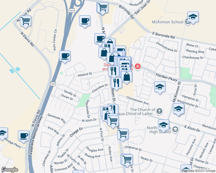 map of restaurants, bars, coffee shops, grocery stores, and more near 1880 Cherokee Drive in Salinas