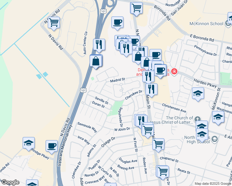 map of restaurants, bars, coffee shops, grocery stores, and more near 1861 Cherokee Drive in Salinas