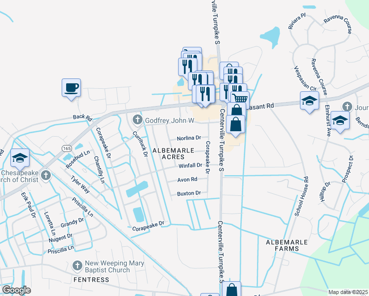 map of restaurants, bars, coffee shops, grocery stores, and more near 1417 Windsor Road in Chesapeake