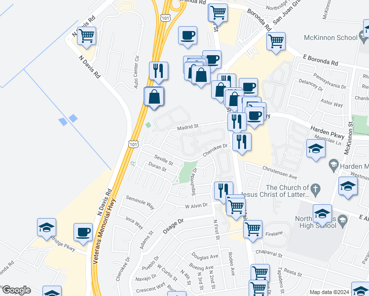 map of restaurants, bars, coffee shops, grocery stores, and more near 1861 Cherokee Drive in Salinas