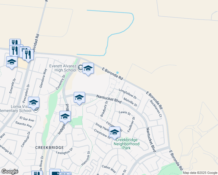 map of restaurants, bars, coffee shops, grocery stores, and more near 1949 Bradbury Street in Salinas