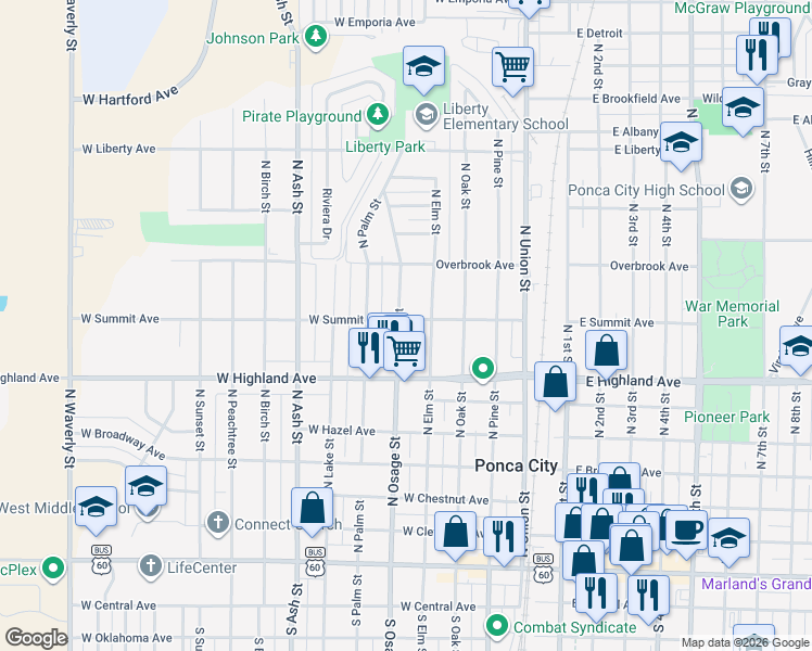 map of restaurants, bars, coffee shops, grocery stores, and more near 734 North Palm Street in Ponca City