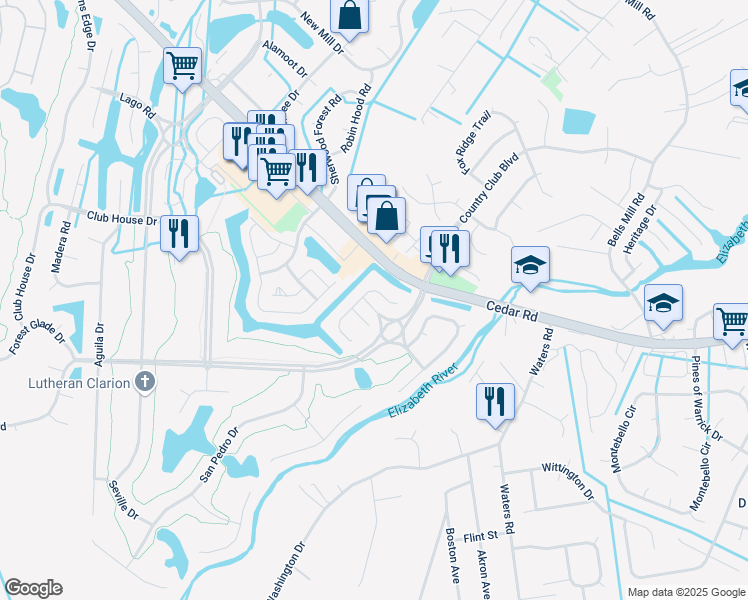 map of restaurants, bars, coffee shops, grocery stores, and more near 333 San Roman Drive in Chesapeake
