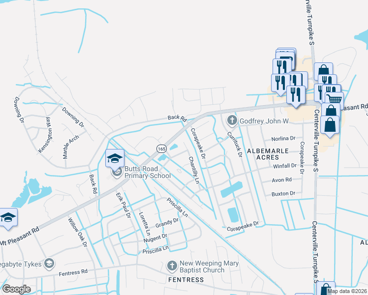 map of restaurants, bars, coffee shops, grocery stores, and more near 1225 Rosebud Lane in Chesapeake