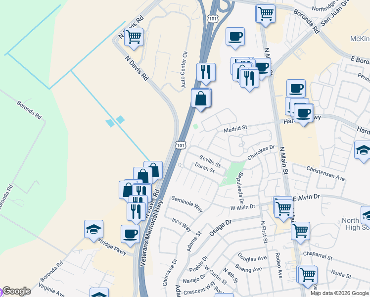 map of restaurants, bars, coffee shops, grocery stores, and more near 1651 Cherokee Drive in Salinas