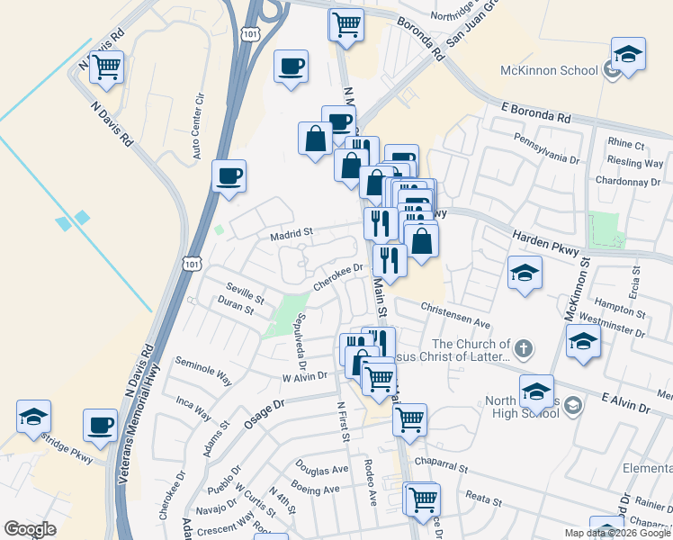 map of restaurants, bars, coffee shops, grocery stores, and more near 1824 Cherokee Drive in Salinas