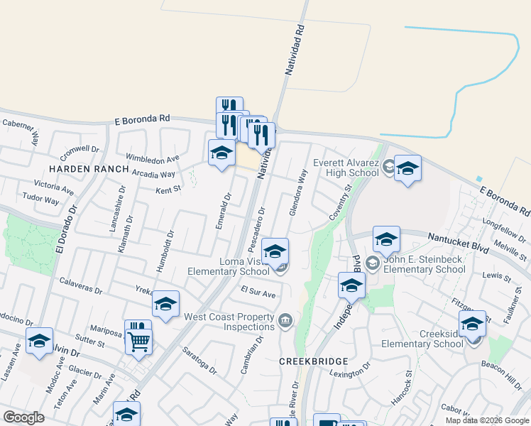 map of restaurants, bars, coffee shops, grocery stores, and more near 1811 Pescadero Drive in Salinas