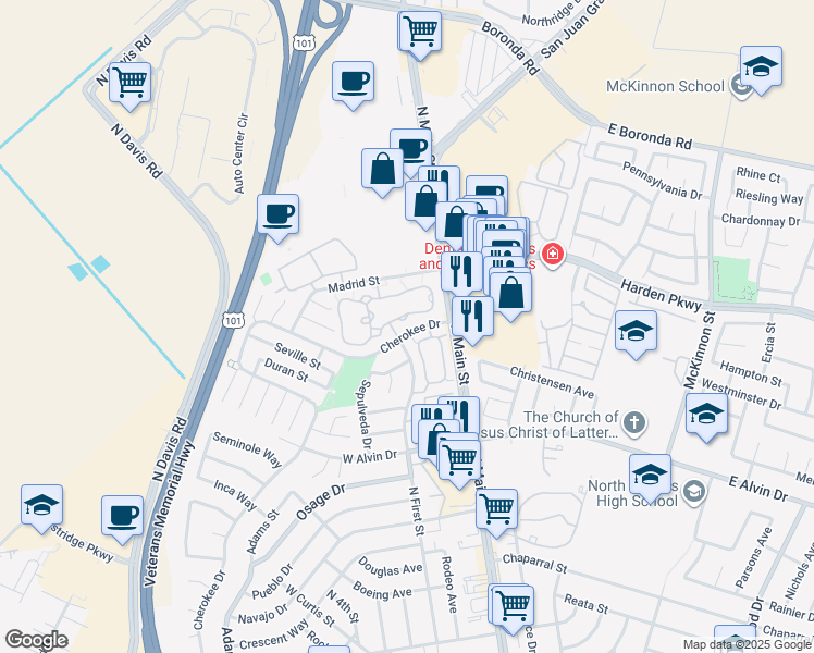 map of restaurants, bars, coffee shops, grocery stores, and more near 1824 Cherokee Drive in Salinas