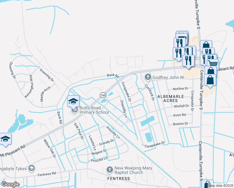 map of restaurants, bars, coffee shops, grocery stores, and more near 1225 Rosebud Lane in Chesapeake