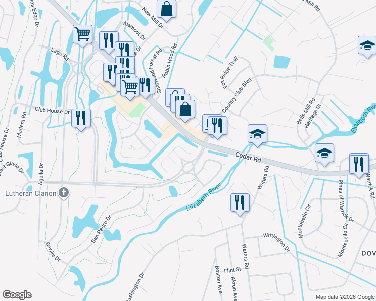 map of restaurants, bars, coffee shops, grocery stores, and more near 305 San Roman Drive in Chesapeake