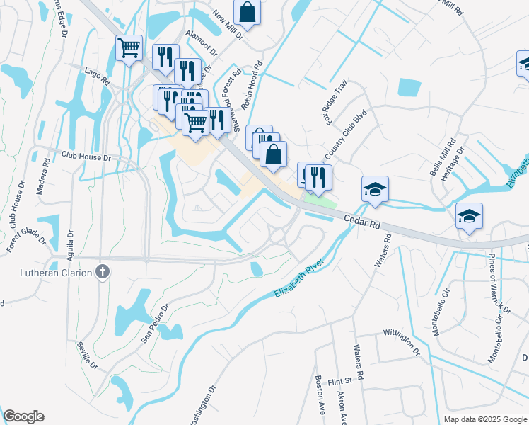 map of restaurants, bars, coffee shops, grocery stores, and more near 1216 San Roman Court in Chesapeake