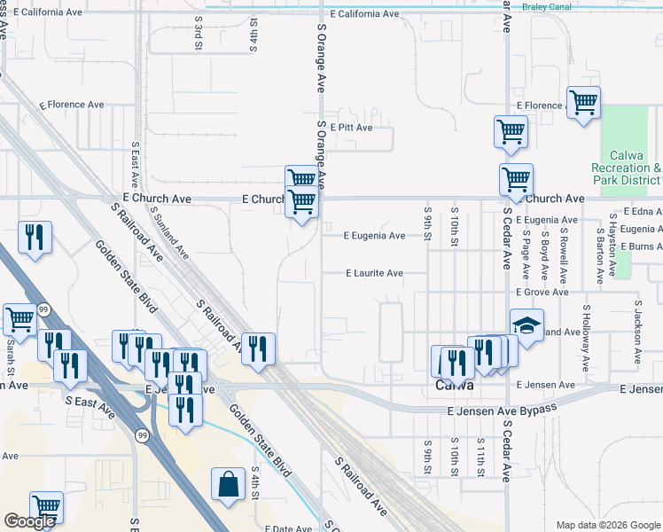 map of restaurants, bars, coffee shops, grocery stores, and more near 2475 South Orange Avenue in Fresno