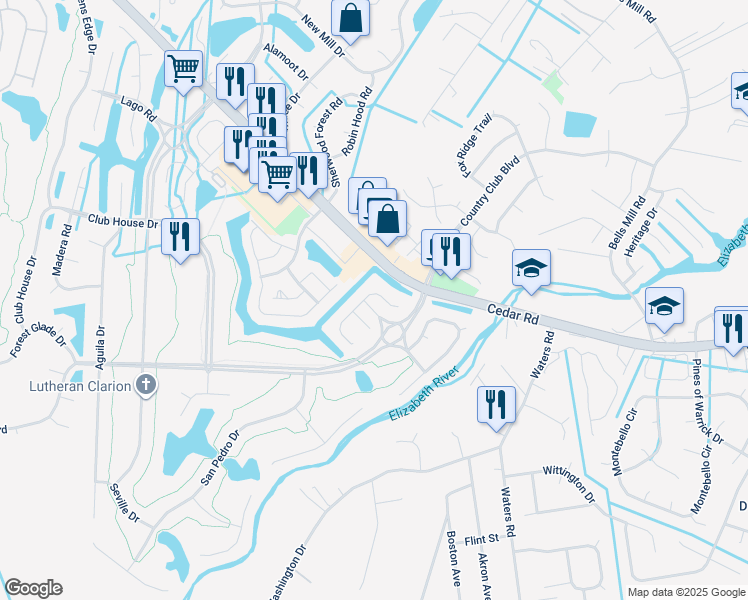 map of restaurants, bars, coffee shops, grocery stores, and more near 337 San Roman Drive in Chesapeake