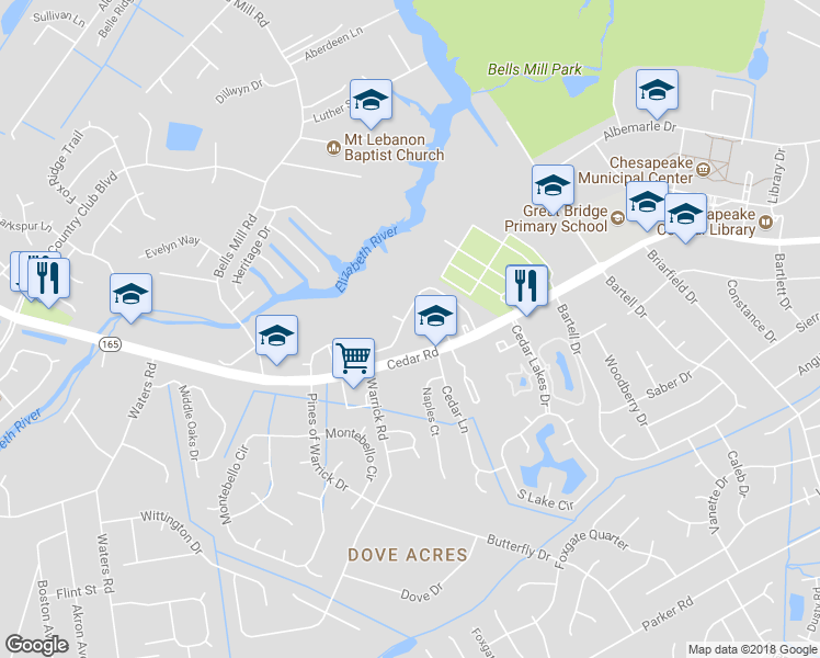 map of restaurants, bars, coffee shops, grocery stores, and more near 633 Mill Landing Road in Chesapeake