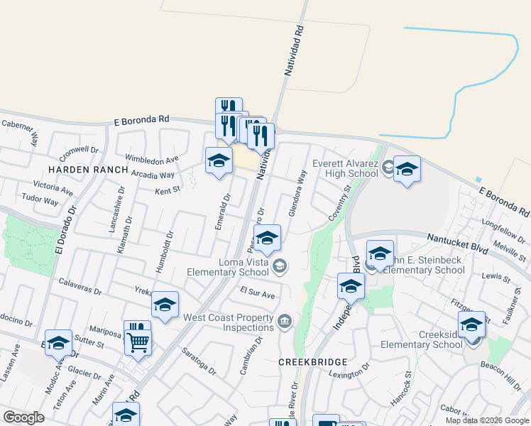 map of restaurants, bars, coffee shops, grocery stores, and more near 1811 Pescadero Drive in Salinas