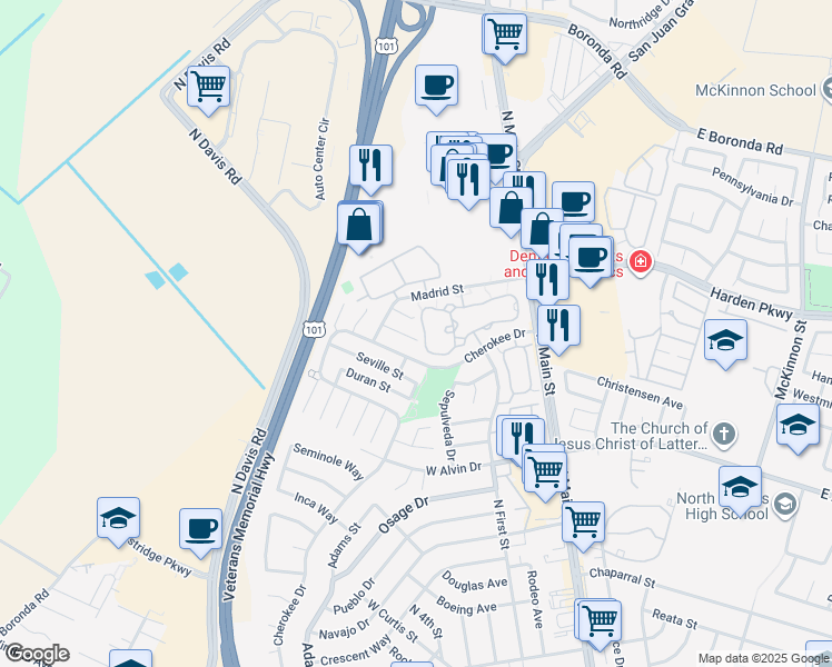 map of restaurants, bars, coffee shops, grocery stores, and more near 1744 Madrid Circle in Salinas