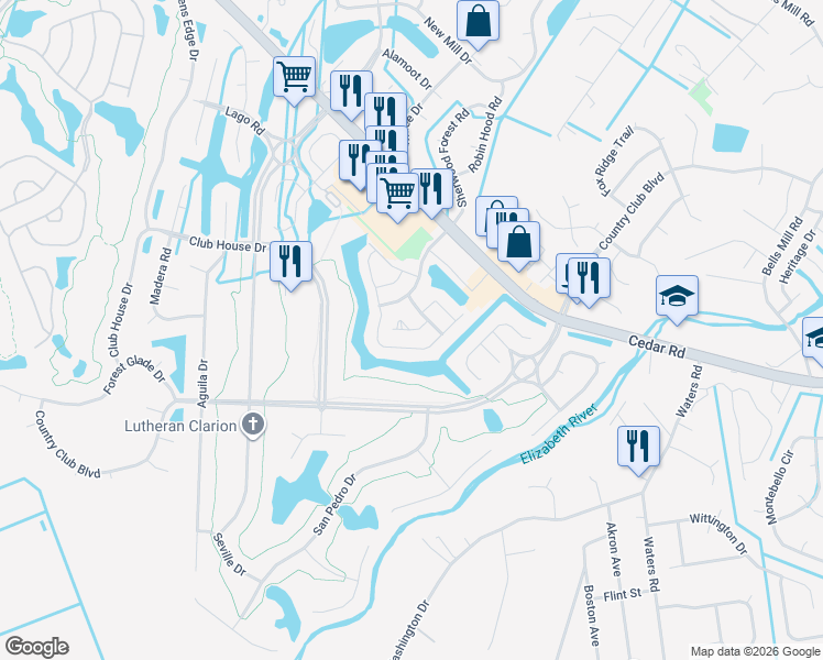 map of restaurants, bars, coffee shops, grocery stores, and more near 510 Whisper Walk in Chesapeake