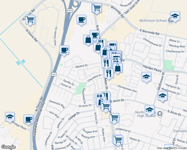 map of restaurants, bars, coffee shops, grocery stores, and more near 1824 Cherokee Drive in Salinas
