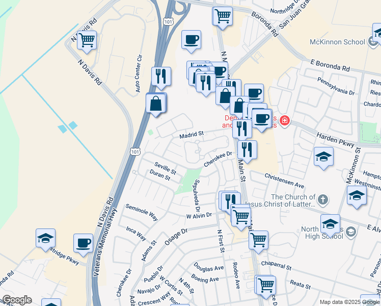 map of restaurants, bars, coffee shops, grocery stores, and more near 1744 Madrid Circle in Salinas